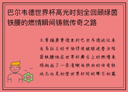 巴尔韦德世界杯高光时刻全回顾绿茵铁腰的燃情瞬间铸就传奇之路